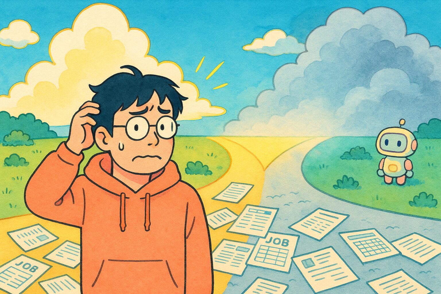 転職の分かれ道で、どっちに進むか悩む人のイラスト