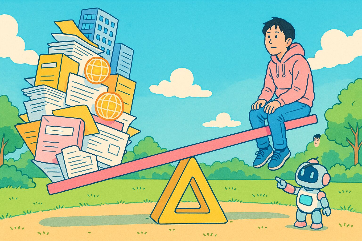 情報量がシーソーのように傾いている、企業と求職者の情報の非対称性のイラスト