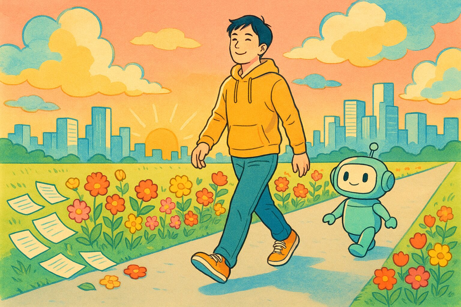 求人票が花に変わる道を、前を向いて歩き出す人のイラスト